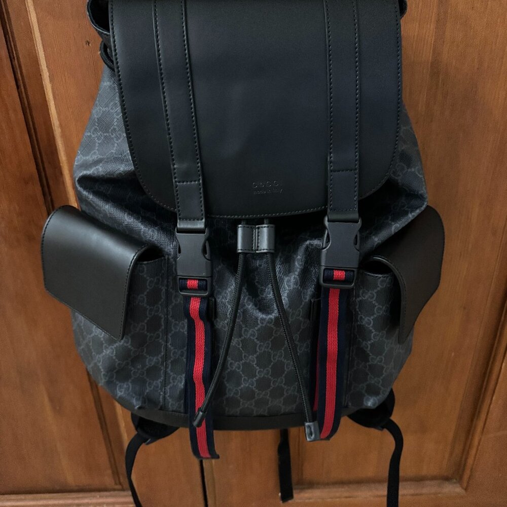 GUCCI Soft GG Supreme Monogram Appia Calfskin Web Double Buckle Backpack Black